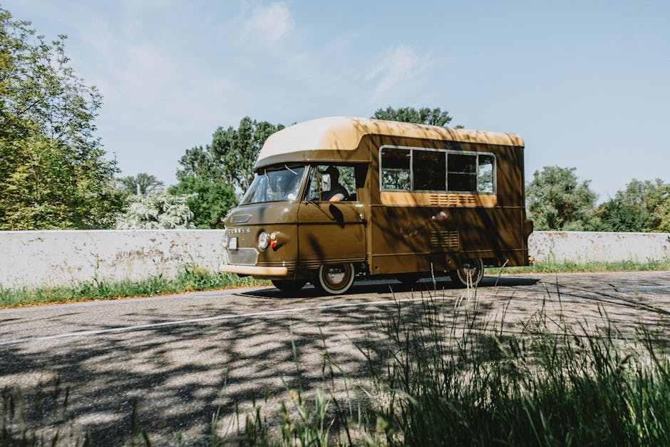 A vintage light blue Volkswagen camper van with a luggage rack on its roof is parked on a residential street lined with trees and red-brick houses, some of which have white-framed windows and decorati